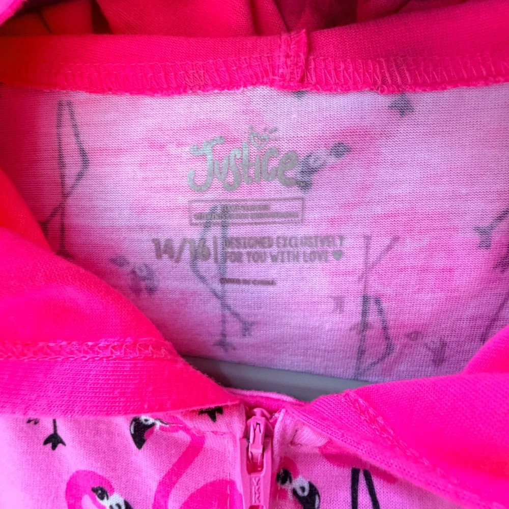 Justice Girls 14/16 Romper Pink Flamingo Hooded Zip Up Sleeveless Animal Novelty